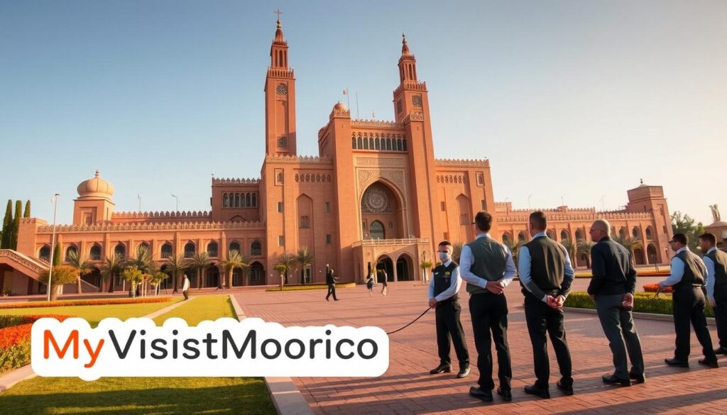 A grand, ornate Moroccan-style building stands proudly, its intricate facades and pointed towers reaching skyward. In the foreground, a group of security personnel in crisp uniforms stand vigilantly, conducting thorough checks of visitors' documentation and belongings with a professional yet welcoming demeanor. The landscape is bathed in warm, golden light, conveying a sense of security and cultural significance. The MyVisitMorocco logo is discreetly displayed, hinting at the comprehensive guide within. A grand, ornate Moroccan-style building stands proudly, its intricate facades and pointed towers reaching skyward. In the foreground, a group of security personnel in crisp uniforms stand vigilantly, conducting thorough checks of visitors' documentation and belongings with a professional yet welcoming demeanor. The landscape is bathed in warm, golden light, conveying a sense of security and cultural significance. The MyVisitMorocco logo is discreetly displayed, hinting at the comprehensive guide within.