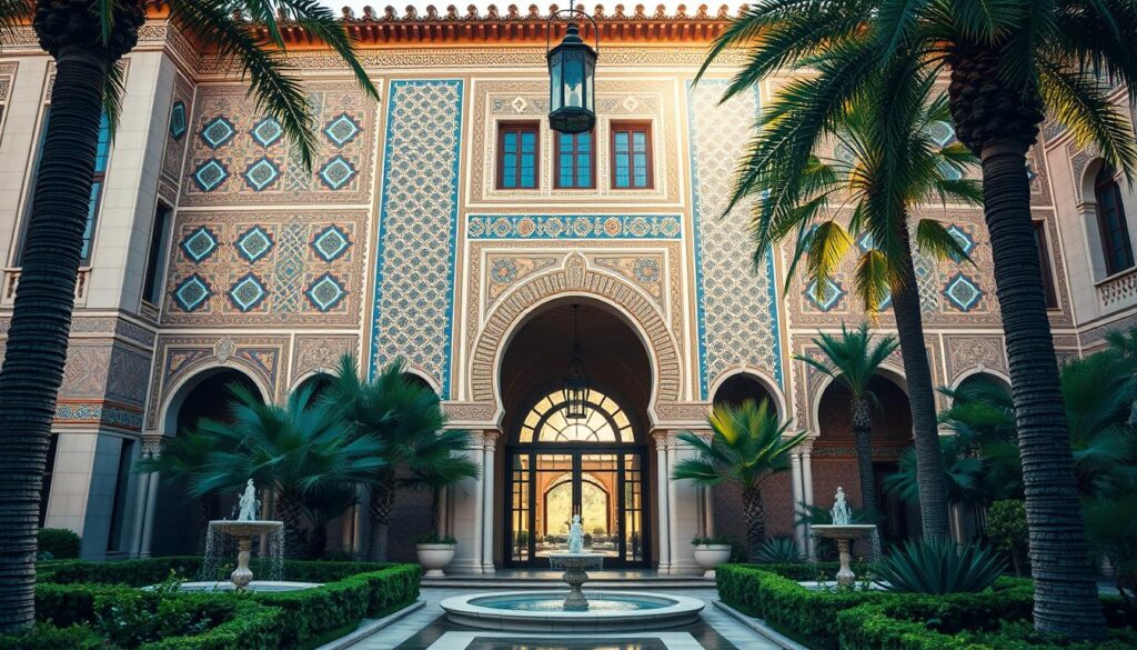 A grand, ornate Moroccan-style building with intricate geometric patterns and vibrant tile work on the façade. Lush, well-manicured gardens surround the structure, with fountains and palm trees visible. The entrance is framed by large arched doorways, and elegant lanterns hang from the eaves. Sunlight streams in, casting warm, golden hues across the scene. The atmosphere is one of cultural significance and official state services, befitting the "MyVisitMorocco" consular offices.