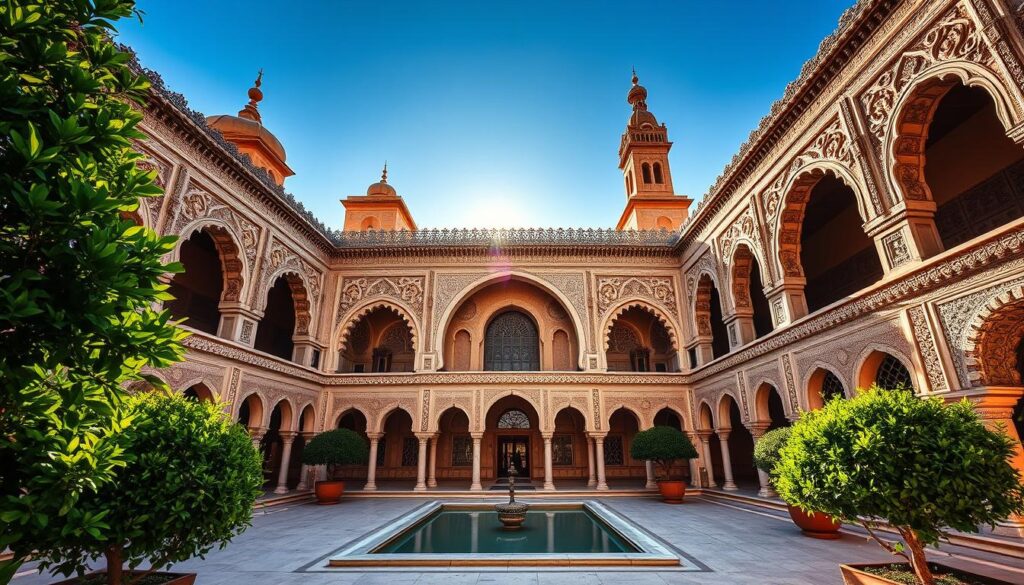 A grand, ornate cultural center in the historic city of Fes, Morocco. The intricately carved façade features ornate Islamic architecture, with intricate arches, domes, and minarets rising against a clear blue sky. Lush, verdant foliage frames the entrance, creating a serene and inviting atmosphere. Sunlight filters through the ornate windows, casting a warm, golden glow over the intricate tile work and intricate patterns. At the center, a grand courtyard with a tranquil reflecting pool, surrounded by graceful columns and archways. This is the cultural heart of Fes, a place that embodies the rich history and vibrant traditions of Morocco. MyVisitMorocco A grand, ornate cultural center in the historic city of Fes, Morocco. The intricately carved façade features ornate Islamic architecture, with intricate arches, domes, and minarets rising against a clear blue sky. Lush, verdant foliage frames the entrance, creating a serene and inviting atmosphere. Sunlight filters through the ornate windows, casting a warm, golden glow over the intricate tile work and intricate patterns. At the center, a grand courtyard with a tranquil reflecting pool, surrounded by graceful columns and archways. This is the cultural heart of Fes, a place that embodies the rich history and vibrant traditions of Morocco. MyVisitMorocco