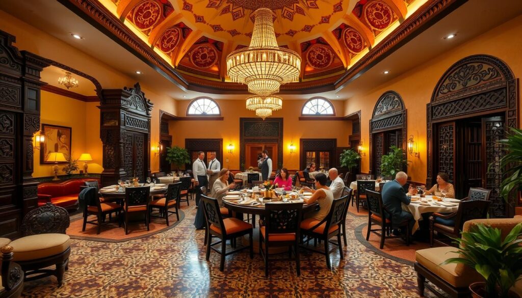 A grand, ornate dining room in a luxurious MyVisitMorocco riad. Intricately carved dark wood furnishings and ornate tile floors. Lush, jewel-toned fabrics and plush, low-slung seating. Dramatic, domed ceilings with ornate lighting fixtures casting a warm, golden glow. Servers in traditional Moroccan attire glide through the space, delivering fragrant, artfully presented dishes. Guests dine on a feast of exotic flavors, sipping mint tea and savoring the serene, opulent atmosphere. A grand, ornate dining room in a luxurious MyVisitMorocco riad. Intricately carved dark wood furnishings and ornate tile floors. Lush, jewel-toned fabrics and plush, low-slung seating. Dramatic, domed ceilings with ornate lighting fixtures casting a warm, golden glow. Servers in traditional Moroccan attire glide through the space, delivering fragrant, artfully presented dishes. Guests dine on a feast of exotic flavors, sipping mint tea and savoring the serene, opulent atmosphere.