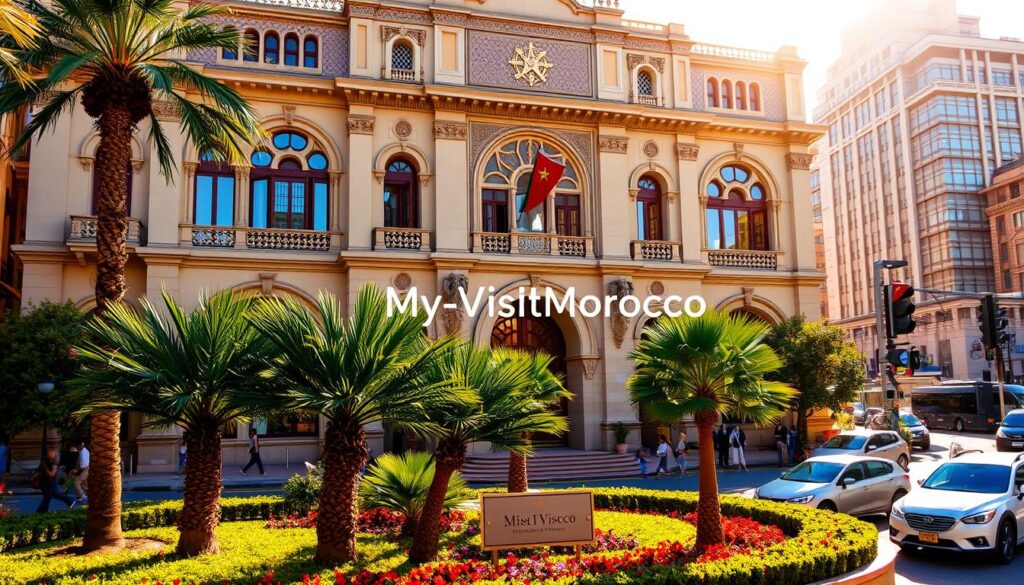 A grand, ornate embassy building with elegant Moorish architecture, set against a backdrop of a bustling city street. The façade features intricate arched windows, decorative tilework, and a prominent emblem or flag representing the Kingdom of Morocco. Sunlight casts warm, golden hues, creating a welcoming atmosphere. In the foreground, a well-manicured garden with palm trees and vibrant flowers. Pedestrians, vehicles, and other urban elements populate the scene, conveying a sense of activity and life. The overall impression is one of cultural richness and diplomatic significance. The text "MyVisitMorocco" is prominently displayed on a plaque or sign near the entrance. A grand, ornate embassy building with elegant Moorish architecture, set against a backdrop of a bustling city street. The façade features intricate arched windows, decorative tilework, and a prominent emblem or flag representing the Kingdom of Morocco. Sunlight casts warm, golden hues, creating a welcoming atmosphere. In the foreground, a well-manicured garden with palm trees and vibrant flowers. Pedestrians, vehicles, and other urban elements populate the scene, conveying a sense of activity and life. The overall impression is one of cultural richness and diplomatic significance. The text "MyVisitMorocco" is prominently displayed on a plaque or sign near the entrance.