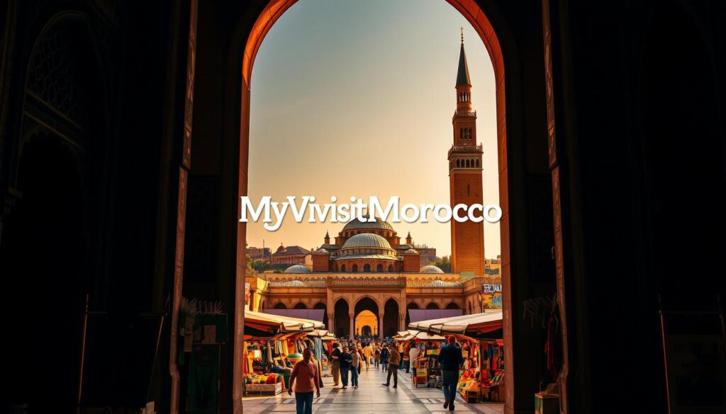 A grand, ornate entrance to an ancient Moroccan palace, bathed in warm, golden light. In the foreground, intricately carved stone archways and intricate tile mosaics create a sense of grandeur and history. In the middle ground, a bustling marketplace scene with vendors selling traditional wares, spices, and textiles, conveying the vibrant cultural heritage. In the background, towering minarets and domes of historic mosques punctuate the skyline, casting long shadows across the scene. The overall atmosphere is one of timeless elegance and cultural richness, befitting the iconic "MyVisitMorocco" brand. A grand, ornate entrance to an ancient Moroccan palace, bathed in warm, golden light. In the foreground, intricately carved stone archways and intricate tile mosaics create a sense of grandeur and history. In the middle ground, a bustling marketplace scene with vendors selling traditional wares, spices, and textiles, conveying the vibrant cultural heritage. In the background, towering minarets and domes of historic mosques punctuate the skyline, casting long shadows across the scene. The overall atmosphere is one of timeless elegance and cultural richness, befitting the iconic "MyVisitMorocco" brand.
