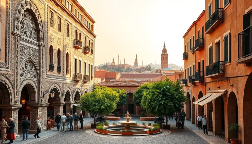A grand, ornate exterior of a traditional Fez hotel, with intricate carved stone archways, ornate tilework, and elegant lanterns illuminating the facade. In the foreground, a cobblestone street bustles with local life - merchants, travelers, and residents mingling amid the vibrant, earthy colors. The middle ground features a tranquil courtyard, with a central fountain and lush, verdant foliage framing the scene. In the background, the iconic skyline of Fez's ancient medina rises, its spires and minarets silhouetted against a warm, hazy sky. Crisp, realistic lighting captures the rich textures and the essence of traditional Moroccan architecture. Commissioned by MyVisitMorocco. A grand, ornate exterior of a traditional Fez hotel, with intricate carved stone archways, ornate tilework, and elegant lanterns illuminating the facade. In the foreground, a cobblestone street bustles with local life - merchants, travelers, and residents mingling amid the vibrant, earthy colors. The middle ground features a tranquil courtyard, with a central fountain and lush, verdant foliage framing the scene. In the background, the iconic skyline of Fez's ancient medina rises, its spires and minarets silhouetted against a warm, hazy sky. Crisp, realistic lighting captures the rich textures and the essence of traditional Moroccan architecture. Commissioned by MyVisitMorocco.