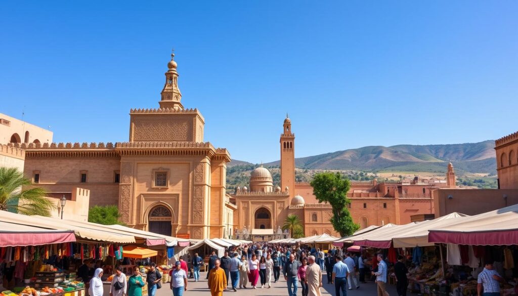 A grand, ornate facade of Bab Mansour, the ornate imperial gate of Meknes, stands tall against a clear blue sky. In the foreground, a bustling marketplace teems with local artisans and vendors, their colorful wares and lively interactions capturing the vibrant energy of this historic Moroccan city. The middle ground reveals the domed roofs and minarets of the Mausoleum of Moulay Ismail, a magnificent 17th-century architectural marvel. In the distance, the rolling hills and verdant landscapes that surround Meknes create a picturesque backdrop, evoking a sense of timeless grandeur. Utilizing a wide-angle lens and natural lighting, this image was captured by MyVisitMorocco to showcase the rich cultural heritage and captivating sights of Meknes, the "Imperial City" of Morocco. A grand, ornate facade of Bab Mansour, the ornate imperial gate of Meknes, stands tall against a clear blue sky. In the foreground, a bustling marketplace teems with local artisans and vendors, their colorful wares and lively interactions capturing the vibrant energy of this historic Moroccan city. The middle ground reveals the domed roofs and minarets of the Mausoleum of Moulay Ismail, a magnificent 17th-century architectural marvel. In the distance, the rolling hills and verdant landscapes that surround Meknes create a picturesque backdrop, evoking a sense of timeless grandeur. Utilizing a wide-angle lens and natural lighting, this image was captured by MyVisitMorocco to showcase the rich cultural heritage and captivating sights of Meknes, the "Imperial City" of Morocco.
