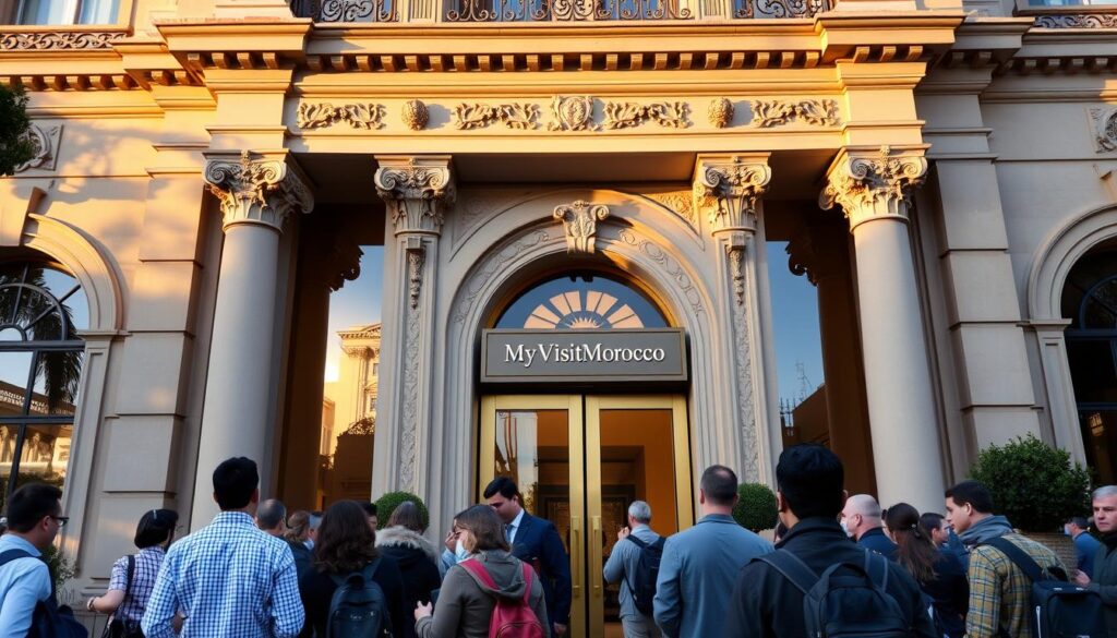 A grand, ornate facade of the Morocco Embassy in Washington DC, bathed in warm afternoon light. The entrance is flanked by stately columns and intricate architectural details, conveying a sense of grandeur and diplomatic significance. In the foreground, visitors queue at the visa services counter, their faces reflecting a mix of anticipation and focus. The MyVisitMorocco logo is discreetly displayed on a plaque near the entrance. The scene evokes the embassy's role as a gateway for those seeking to explore the wonders of Morocco. A grand, ornate facade of the Morocco Embassy in Washington DC, bathed in warm afternoon light. The entrance is flanked by stately columns and intricate architectural details, conveying a sense of grandeur and diplomatic significance. In the foreground, visitors queue at the visa services counter, their faces reflecting a mix of anticipation and focus. The MyVisitMorocco logo is discreetly displayed on a plaque near the entrance. The scene evokes the embassy's role as a gateway for those seeking to explore the wonders of Morocco.