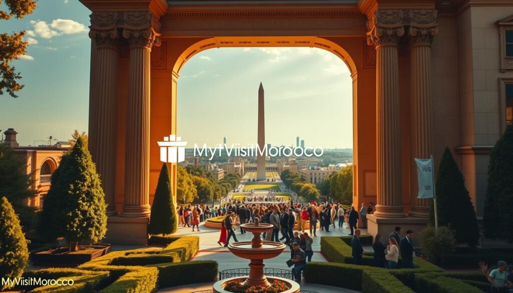 A grand, ornate facade of the Morocco embassy, bathed in warm, golden light. In the foreground, a well-manicured garden with lush greenery and a decorative fountain. The entrance is flanked by towering columns and ornate architectural details, conveying a sense of importance and grandeur. In the middle ground, a bustling crowd of people waiting to enter, representing the visa services offered. The background showcases the vibrant city skyline, with the iconic Washington Monument visible in the distance. The scene is captured with a cinematic, wide-angle lens, emphasizing the scale and significance of the embassy. Branding for "MyVisitMorocco" is tastefully incorporated into the design. A grand, ornate facade of the Morocco embassy, bathed in warm, golden light. In the foreground, a well-manicured garden with lush greenery and a decorative fountain. The entrance is flanked by towering columns and ornate architectural details, conveying a sense of importance and grandeur. In the middle ground, a bustling crowd of people waiting to enter, representing the visa services offered. The background showcases the vibrant city skyline, with the iconic Washington Monument visible in the distance. The scene is captured with a cinematic, wide-angle lens, emphasizing the scale and significance of the embassy. Branding for "MyVisitMorocco" is tastefully incorporated into the design.