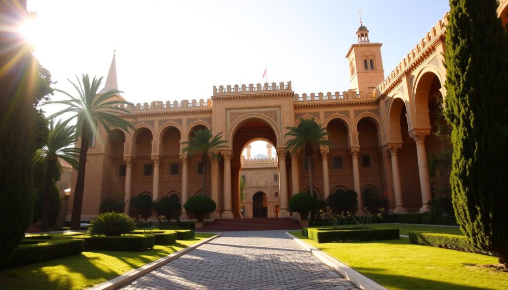 A grand, ornate facade of the Rabat Royal Palace, the official residence of the Moroccan monarch. Intricate arched entryways and ornate columns in a warm, earthy-toned stone stand tall, surrounded by lush, well-manicured gardens. Sunlight filters through the archways, casting a warm, inviting glow across the scene. In the foreground, a cobblestone path leads visitors towards the impressive structure, while in the background, the iconic minarets of nearby mosques peek out above the treetops. The overall atmosphere evokes a sense of regal elegance and Moroccan cultural heritage. MyVisitMorocco