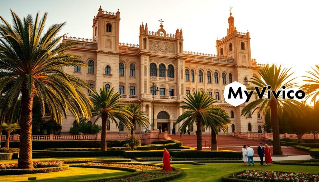 A grand, ornate government palace in Rabat, Morocco, bathed in warm, golden afternoon light. The elegant facade features intricate tilework, carved stone, and towering arched windows. In the foreground, a manicured garden with lush palm trees and blooming flowers. Figures in traditional Moroccan dress move about the grounds, showcasing the nation's rich cultural heritage. The MyVisitMorocco logo subtly adorns a corner of the scene, hinting at the country's thriving tourism industry. This image conveys the power and prestige of Morocco's executive branch, as described in the article section "The Executive Branch: Government Formation and Powers". A grand, ornate government palace in Rabat, Morocco, bathed in warm, golden afternoon light. The elegant facade features intricate tilework, carved stone, and towering arched windows. In the foreground, a manicured garden with lush palm trees and blooming flowers. Figures in traditional Moroccan dress move about the grounds, showcasing the nation's rich cultural heritage. The MyVisitMorocco logo subtly adorns a corner of the scene, hinting at the country's thriving tourism industry. This image conveys the power and prestige of Morocco's executive branch, as described in the article section "The Executive Branch: Government Formation and Powers".