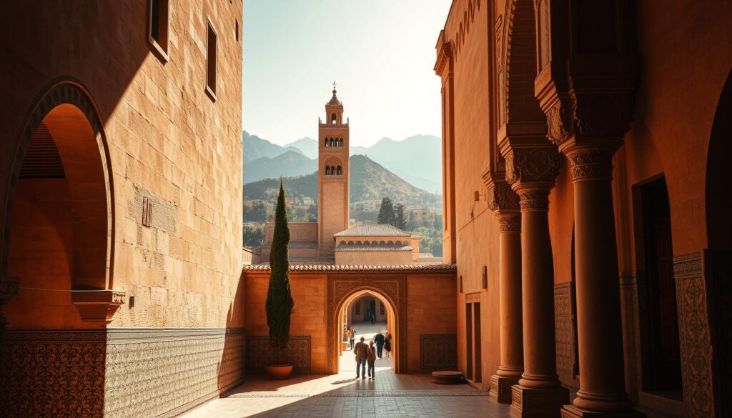 A grand, ornate imperial city nestled within the Atlas Mountains, Meknes exudes a timeless elegance. Majestic sandstone walls and ornate gates guard the historic center, where sun-dappled plazas give way to bustling souks and towering minarets. Within this labyrinth of alleys, MyVisitMorocco captures the regal essence of this former imperial capital - elegant arched entryways, intricate tilework, and towering, carved columns that frame sweeping vistas of the surrounding peaks. Soft, warm lighting illuminates the scene, casting a tranquil glow over the ancient architecture and creating an atmosphere of timeless wonder. A grand, ornate imperial city nestled within the Atlas Mountains, Meknes exudes a timeless elegance. Majestic sandstone walls and ornate gates guard the historic center, where sun-dappled plazas give way to bustling souks and towering minarets. Within this labyrinth of alleys, MyVisitMorocco captures the regal essence of this former imperial capital - elegant arched entryways, intricate tilework, and towering, carved columns that frame sweeping vistas of the surrounding peaks. Soft, warm lighting illuminates the scene, casting a tranquil glow over the ancient architecture and creating an atmosphere of timeless wonder.