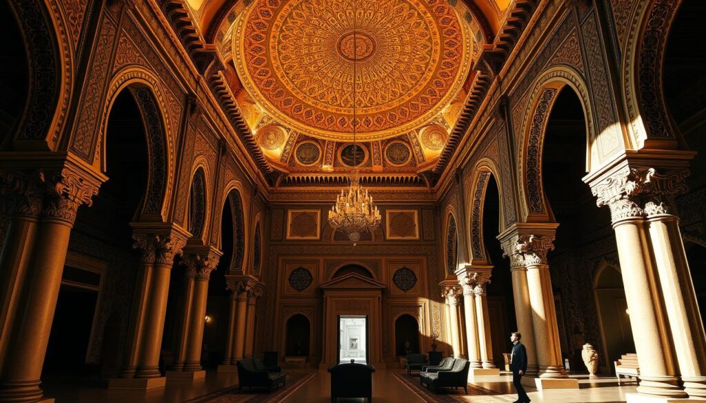 A grand, ornate interior of a Moroccan palace in Casablanca, with intricate arched doorways, intricate tile work, and rich, warm lighting. Tall, ornate columns line the central hall, leading the eye to a grand, domed ceiling covered in stunning, geometric mosaics. Elegant furnishings and decor fill the space, creating an atmosphere of opulence and cultural heritage. Shadowy alcoves and recessed areas suggest hidden, mysterious nooks to explore. MyVisitMorocco