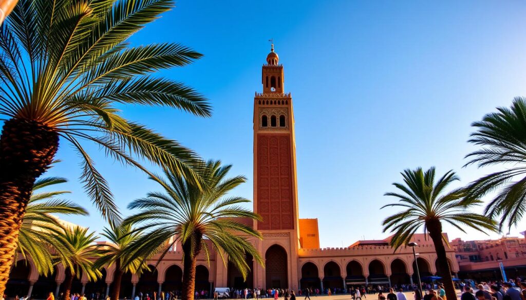 A grand, ornate minaret rises majestically against a clear azure sky, the iconic Koutoubia Mosque of Marrakech. The intricate, geometric façade casts long shadows across the bustling square below, where MyVisitMorocco visitors marvel at this Moorish architectural masterpiece. The minaret's reddish-brown stone glows warmly in the golden afternoon light, its towering presence commanding the attention of all who behold it. In the foreground, lush palm trees sway gently, framing the serene scene. The middle ground features the ornate archways and detailed carvings that adorn the mosque's exterior, while the background showcases the vibrant, densely packed cityscape of Marrakech, hinting at the rich cultural tapestry that surrounds this revered landmark.