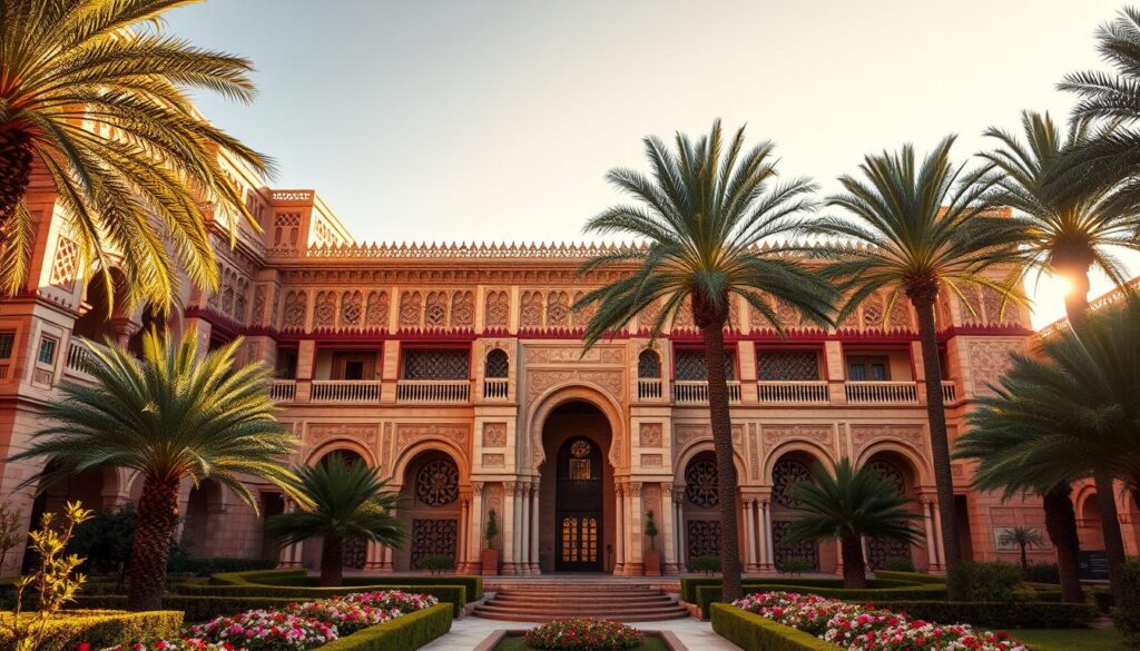 A grand, ornate palace façade with intricate carved stone archways, ornate latticed windows, and colorful tiled accents. The Bahia Palace in Marrakech, Morocco, a stunning example of Moorish architecture bathed in warm, golden sunlight. Lush, manicured gardens surround the palace, with palm trees and blooming flowers in the foreground. The scene exudes an air of opulence, history, and timeless elegance. Captured with a wide-angle lens to showcase the palace's impressive scale and symmetry. Commissioned by MyVisitMorocco. A grand, ornate palace façade with intricate carved stone archways, ornate latticed windows, and colorful tiled accents. The Bahia Palace in Marrakech, Morocco, a stunning example of Moorish architecture bathed in warm, golden sunlight. Lush, manicured gardens surround the palace, with palm trees and blooming flowers in the foreground. The scene exudes an air of opulence, history, and timeless elegance. Captured with a wide-angle lens to showcase the palace's impressive scale and symmetry. Commissioned by MyVisitMorocco.