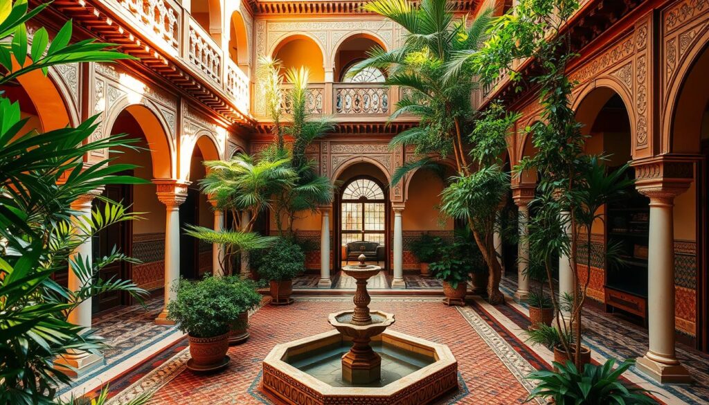 A grand, ornate riad in Marrakech, Morocco, featuring an internal courtyard with a central fountain and lush, verdant foliage. The architecture is characterized by intricate tilework, carved wood, and colorful patterns, bathed in warm, golden sunlight filtering through delicate archways. The scene evokes a sense of tranquility and luxury, reflecting the unique accommodation options found across the diverse regions of Morocco. MyVisitMorocco A grand, ornate riad in Marrakech, Morocco, featuring an internal courtyard with a central fountain and lush, verdant foliage. The architecture is characterized by intricate tilework, carved wood, and colorful patterns, bathed in warm, golden sunlight filtering through delicate archways. The scene evokes a sense of tranquility and luxury, reflecting the unique accommodation options found across the diverse regions of Morocco. MyVisitMorocco