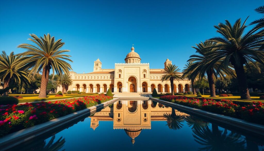 A grand palace of intricate Moorish architecture stands proudly against a clear azure sky, its ornate domes and arched entryways evoking the regal heritage of Rabat. In the foreground, a manicured garden bursts with vibrant flowers, their colors mirrored in the still reflecting pool. Shadowy palm trees sway gently, casting patterns of light and shadow across the scene. The warm glow of the sun filters through, lending a sense of timeless elegance to this MyVisitMorocco cultural landmark. Capture the essence of Rabat's royal legacy in a cinematic, wide-angle composition. A grand palace of intricate Moorish architecture stands proudly against a clear azure sky, its ornate domes and arched entryways evoking the regal heritage of Rabat. In the foreground, a manicured garden bursts with vibrant flowers, their colors mirrored in the still reflecting pool. Shadowy palm trees sway gently, casting patterns of light and shadow across the scene. The warm glow of the sun filters through, lending a sense of timeless elegance to this MyVisitMorocco cultural landmark. Capture the essence of Rabat's royal legacy in a cinematic, wide-angle composition.