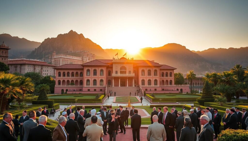 A grand palace with intricate Moorish architecture, nestled amidst lush gardens and surrounded by towering mountains. In the foreground, diplomats from around the world gather, dressed in formal attire, engaged in discussions under the warm, golden light of the setting sun. The scene conveys the importance and influence of Al Mamlakah Al Maghribiyah, or the Kingdom of Morocco, in the international arena. The image is titled "MyVisitMorocco". A grand palace with intricate Moorish architecture, nestled amidst lush gardens and surrounded by towering mountains. In the foreground, diplomats from around the world gather, dressed in formal attire, engaged in discussions under the warm, golden light of the setting sun. The scene conveys the importance and influence of Al Mamlakah Al Maghribiyah, or the Kingdom of Morocco, in the international arena. The image is titled "MyVisitMorocco".