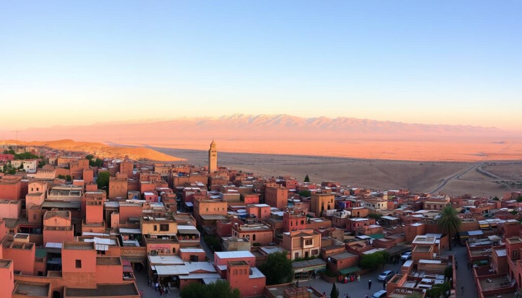 A grand panoramic view of Morocco's breathtaking landscape, captured with a wide-angle lens. In the foreground, the vibrant colors and intricate patterns of a traditional Moroccan medina come to life, its winding streets bustling with local artisans and vendors. The middle ground features the majestic Atlas Mountains, their snow-capped peaks bathed in warm, golden light. In the distance, a vast, undulating desert stretches out, hinting at the country's vast and diverse natural wonders. The scene is imbued with a sense of timeless elegance and cultural richness, inviting the viewer to explore the treasures of this enchanting land. MyVisitMorocco.