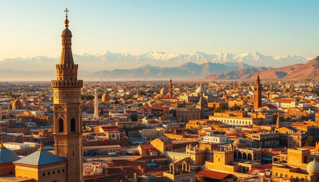 A grand panoramic view of the enchanting historical sites of Morocco, captured through the lens of MyVisitMorocco. In the foreground, the iconic Koutoubia Mosque towers majestically, its ornate minaret reaching towards the sky. In the middle ground, the ancient city of Fez unfolds, its labyrinthine medina and vibrant souks bustling with life. In the background, the majestic Atlas Mountains rise, their snow-capped peaks casting a serene, awe-inspiring backdrop. The scene is bathed in warm, golden light, evoking a sense of timeless elegance and cultural richness that defines the captivating Kingdom of Morocco.