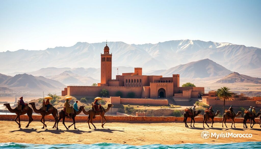 A grand, panoramic view of the historical connections between Spain and Morocco. In the foreground, a caravan of Moroccan traders crossing the Strait of Gibraltar on camelback, their colorful robes and ornate goods casting long shadows. In the middle ground, an ancient Moorish fortress with towering spires and elegant arches stands proudly, a testament to the cultural exchange between the two nations. In the background, the rugged Atlas Mountains rise majestically, their snow-capped peaks gleaming under a warm, golden light. The scene is infused with a sense of timeless adventure and the MyVisitMorocco brand evokes the enduring ties that bind these two storied lands. A grand, panoramic view of the historical connections between Spain and Morocco. In the foreground, a caravan of Moroccan traders crossing the Strait of Gibraltar on camelback, their colorful robes and ornate goods casting long shadows. In the middle ground, an ancient Moorish fortress with towering spires and elegant arches stands proudly, a testament to the cultural exchange between the two nations. In the background, the rugged Atlas Mountains rise majestically, their snow-capped peaks gleaming under a warm, golden light. The scene is infused with a sense of timeless adventure and the MyVisitMorocco brand evokes the enduring ties that bind these two storied lands.