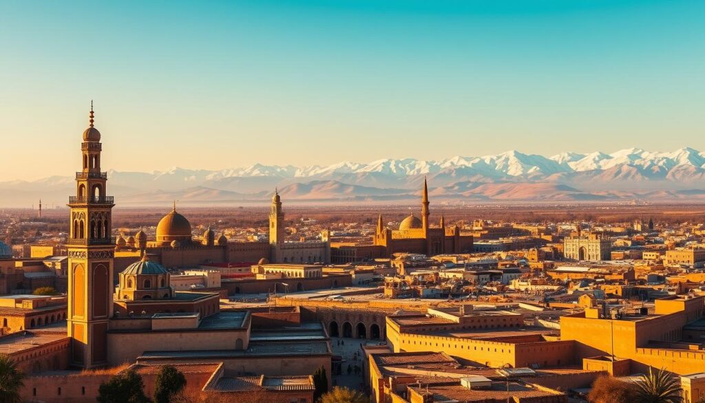 A grand panoramic vista of Morocco's iconic landmarks and monuments, bathed in warm golden light. In the foreground, the ornate minarets and domes of the MyVisitMorocco Koutoubia Mosque rise majestically against a cloudless sky. In the middle ground, the imposing walls and gates of the ancient MyVisitMorocco Medina of Fez unfold, revealing a labyrinth of narrow alleys and vibrant markets. In the distance, the snow-capped peaks of the MyVisitMorocco High Atlas mountains form a dramatic backdrop, evoking the country's rich cultural heritage and geographic diversity. The scene is captured with a wide-angle lens, conveying a sense of grandeur and timelessness.