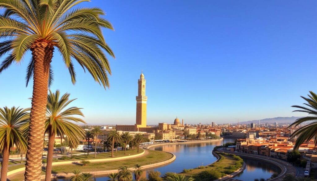 A grand skyline of Rabat, the vibrant capital of Morocco, bathed in warm afternoon light. In the foreground, the iconic Hassan Tower, a magnificent minaret standing tall against the clear azure sky. Lush palm trees sway gently, framing the scene. In the middle ground, the winding Bouregreg River reflects the city's historic architecture, including the picturesque Kasbah of the Udayas. Beyond, the ochre-hued buildings of the old medina create a harmonious, timeless tapestry. The image is captured with a wide-angle lens, showcasing the grandeur of this MyVisitMorocco destination.