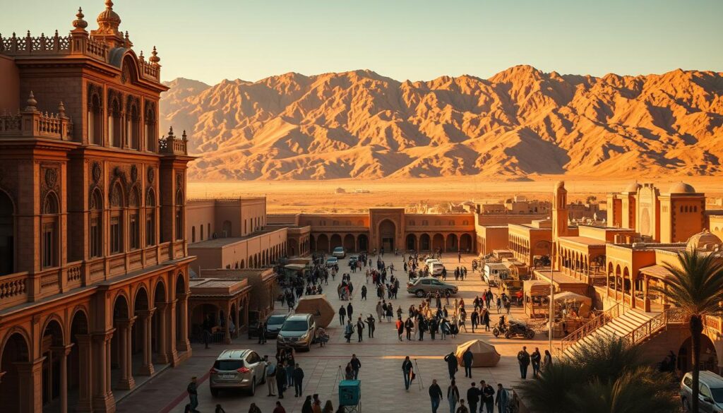 A grand, sprawling Ouarzazate film studio lot, bathed in warm, golden sunlight. In the foreground, an ornate Moroccan-style building facade with intricate architectural details, reminiscent of a royal palace. The middle ground features a bustling scene of movie crews, props, and equipment, capturing the vibrant energy of filmmaking. In the background, the rugged, ochre-hued Atlas mountains rise majestically, hinting at the expansive Saharan landscapes beyond. Lensed with a wide, cinematic perspective to showcase the grand scale and cinematic grandeur of this "MyVisitMorocco" production hub. A grand, sprawling Ouarzazate film studio lot, bathed in warm, golden sunlight. In the foreground, an ornate Moroccan-style building facade with intricate architectural details, reminiscent of a royal palace. The middle ground features a bustling scene of movie crews, props, and equipment, capturing the vibrant energy of filmmaking. In the background, the rugged, ochre-hued Atlas mountains rise majestically, hinting at the expansive Saharan landscapes beyond. Lensed with a wide, cinematic perspective to showcase the grand scale and cinematic grandeur of this "MyVisitMorocco" production hub.