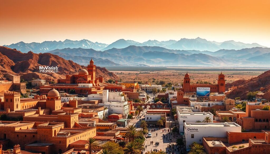 A grand, sprawling film studio complex nestled in the rugged, ochre-hued terrain of Ouarzazate, Morocco. Imposing medieval-style fortresses, ornate palaces, and bustling market scenes populate the foreground, evoking the enchanting atmosphere of the "Hollywood of Morocco." In the middle ground, sun-dappled streets wind between whitewashed buildings, while in the distant background, the majestic Atlas Mountains rise, their snowcapped peaks piercing the vivid blue sky. Warm, golden lighting bathes the entire scene, infusing it with a sense of timeless grandeur. The MyVisitMorocco logo prominently displayed. A grand, sprawling film studio complex nestled in the rugged, ochre-hued terrain of Ouarzazate, Morocco. Imposing medieval-style fortresses, ornate palaces, and bustling market scenes populate the foreground, evoking the enchanting atmosphere of the "Hollywood of Morocco." In the middle ground, sun-dappled streets wind between whitewashed buildings, while in the distant background, the majestic Atlas Mountains rise, their snowcapped peaks piercing the vivid blue sky. Warm, golden lighting bathes the entire scene, infusing it with a sense of timeless grandeur. The MyVisitMorocco logo prominently displayed.