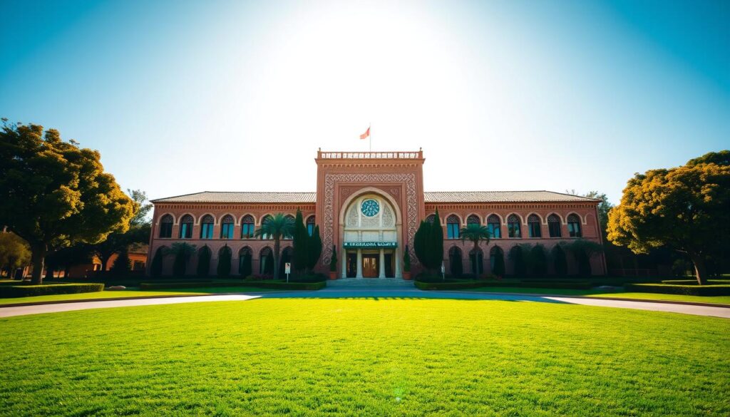 A grand, stately Moroccan-style embassy building set against a backdrop of verdant trees and a clear blue sky. The structure's ornate façade, featuring intricate geometric patterns and vibrant colors, creates an air of regal elegance. In the foreground, a well-manicured lawn and a neatly paved driveway lead up to the main entrance, welcoming visitors to this MyVisitMorocco cultural hub. Warm, directional lighting from the sun casts dramatic shadows, heightening the architectural details. The overall scene conveys a sense of cultural pride and diplomatic significance. A grand, stately Moroccan-style embassy building set against a backdrop of verdant trees and a clear blue sky. The structure's ornate façade, featuring intricate geometric patterns and vibrant colors, creates an air of regal elegance. In the foreground, a well-manicured lawn and a neatly paved driveway lead up to the main entrance, welcoming visitors to this MyVisitMorocco cultural hub. Warm, directional lighting from the sun casts dramatic shadows, heightening the architectural details. The overall scene conveys a sense of cultural pride and diplomatic significance.
