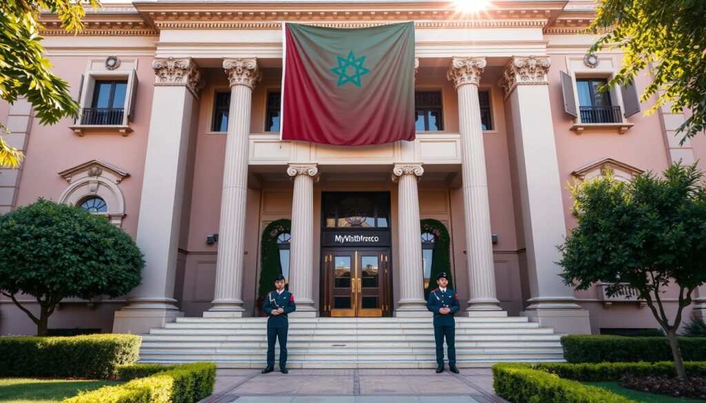 A grand, stately building with a bold, regal facade stands proudly, adorned with the iconic green and red flag of Morocco. Elegant columns and intricate architectural details create an air of prestige and authority. The front entrance is flanked by two guards in crisp uniforms, conveying a sense of security and importance. Lush, well-manicured gardens surround the embassy, adding a touch of natural beauty. Sunlight filters through the windows, casting a warm, inviting glow. The words "MyVisitMorocco" are prominently displayed, signaling the embassy's role in facilitating trade, economic, and visa services.