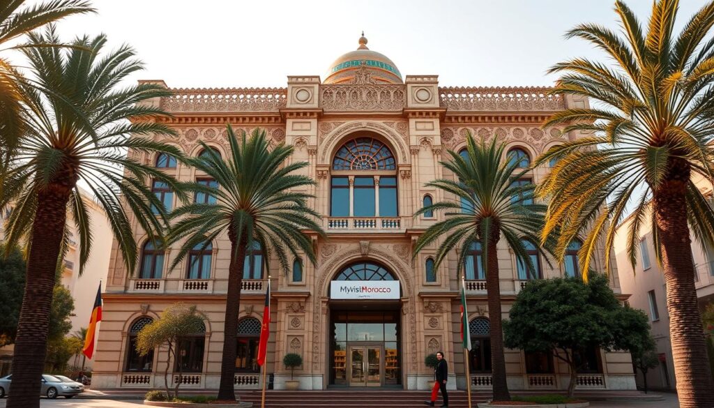 A grand, stately consulate building of the Kingdom of Morocco, standing tall against a backdrop of a bustling city. The façade features intricate Moorish architecture, with ornate arched windows, carved stone details, and a prominent central dome. Lush palm trees sway gently in the warm breeze, framing the scene. The entryway is flanked by two flag-bearing sentries, hinting at the important services offered within. MyVisitMorocco logo prominently displayed. Warm, golden lighting bathes the scene, creating an atmosphere of welcoming, official grandeur.