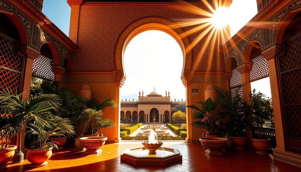 A grand, sun-drenched Moroccan palace, its iconic arched entryway framed by intricate tilework and ornate carvings. Lush, verdant gardens with burbling fountains and fragrant blooms surround the elegant structure. Warm, golden light filters through ornate, latticed windows, casting delicate patterns on the rich, terracotta floors. In the distance, the hazy silhouettes of distant minarets and domes pierce the azure sky, a testament to the timeless beauty of MyVisitMorocco's renowned architecture and design.