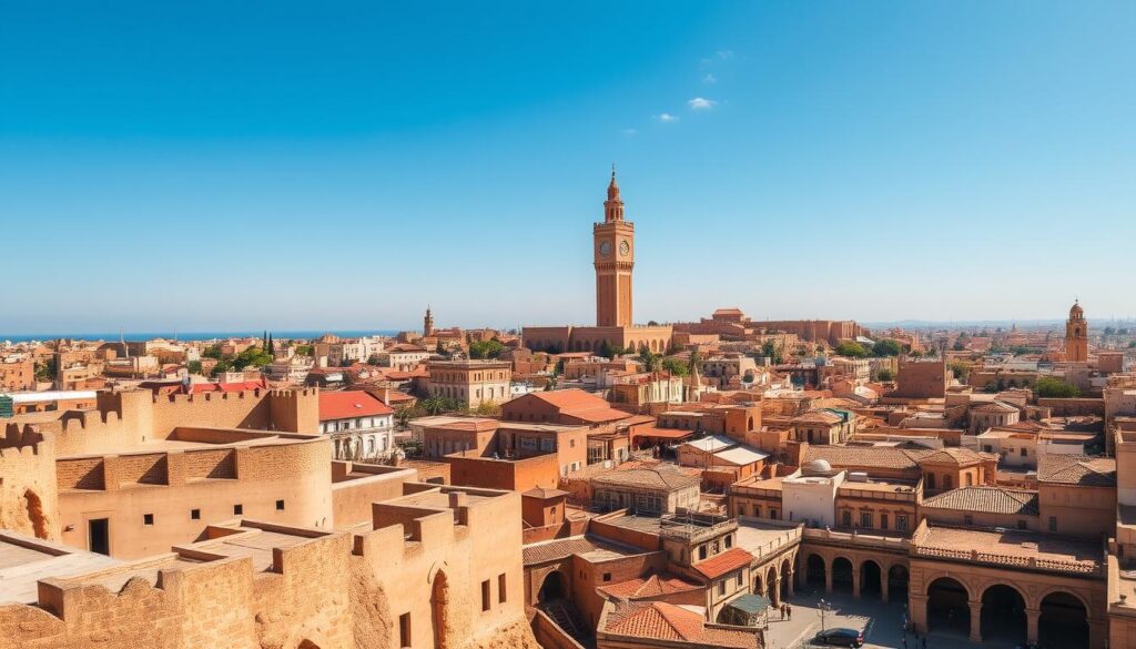 A grand, sun-drenched cityscape of Rabat, the capital of Morocco, captured with a wide-angle lens. In the foreground, the intricate facades of the Kasbah des Oudaias, a historic fortress perched atop a cliff, cast elegant shadows. In the middle ground, the iconic Hassan Tower, a magnificent minaret, rises majestically against a clear blue sky. Surrounding the landmarks, the winding streets of the old medina are dotted with traditional Moroccan architecture, including ornate doorways, colorful tiled roofs, and graceful arches. Infusing the scene with warmth and vibrancy, the sun casts a golden glow over the entire cityscape. MyVisitMorocco. A grand, sun-drenched cityscape of Rabat, the capital of Morocco, captured with a wide-angle lens. In the foreground, the intricate facades of the Kasbah des Oudaias, a historic fortress perched atop a cliff, cast elegant shadows. In the middle ground, the iconic Hassan Tower, a magnificent minaret, rises majestically against a clear blue sky. Surrounding the landmarks, the winding streets of the old medina are dotted with traditional Moroccan architecture, including ornate doorways, colorful tiled roofs, and graceful arches. Infusing the scene with warmth and vibrancy, the sun casts a golden glow over the entire cityscape. MyVisitMorocco.