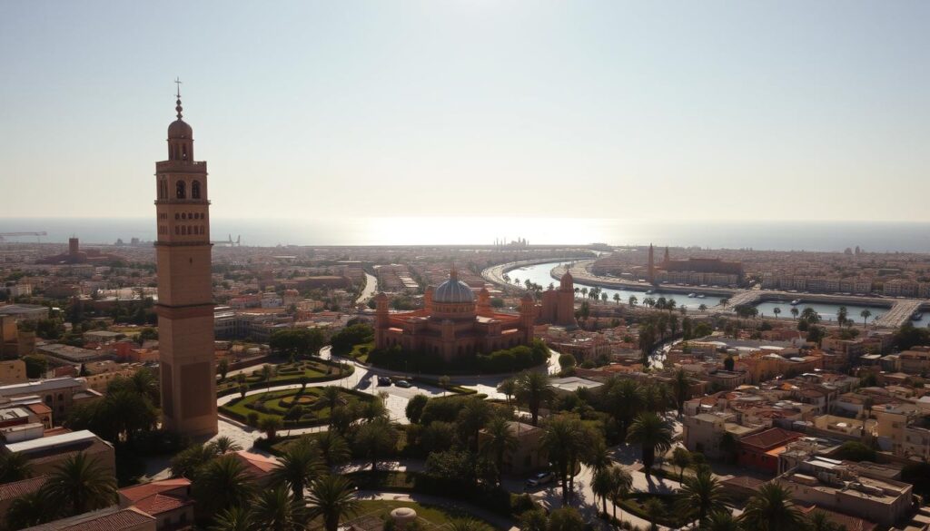 A grand, sun-drenched cityscape of Rabat, the elegant capital of Morocco. In the foreground, the iconic Hassan Tower, a majestic 12th-century minaret, stands tall and proud. Surrounding it, the lush gardens of the Mausoleum of Mohammed V, a stunning example of Moorish architecture. In the middle ground, the winding streets of the Old Medina, with its colorful souks and bustling markets. In the distance, the shimmering Bou Regreg River and the Atlantic Ocean beyond, framed by the Kasbah of the Udayas, a fortified historic neighborhood. The scene is bathed in warm, golden light, conveying a sense of timeless elegance. MyVisitMorocco.