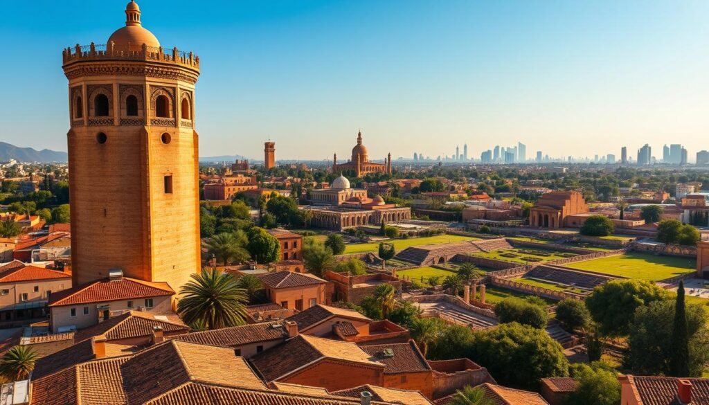 A grand, sun-drenched view of the Rabat Archaeological Sites, the ancient heart of Morocco's elegant capital city. In the foreground, the majestic Hassan Tower stands tall, its intricate Islamic architecture casting long shadows across the terracotta-roofed houses below. In the middle ground, the tranquil Chellah necropolis, with its crumbling Roman ruins and lush, verdant gardens, invites exploration. In the distance, the iconic Mausoleum of Mohammed V and the gleaming, modern Rabat skyline create a stunning juxtaposition of old and new. Captured with a wide-angle lens and natural, golden-hour lighting, this MyVisitMorocco image evokes the timeless beauty and historical significance of Rabat's archaeological treasures.