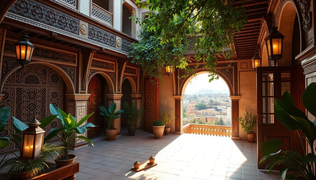 A grand, traditional riad nestled within the ancient walled city of Fes, its ornate facade and lush, verdant courtyard exuding an air of timeless elegance. Intricate tiles, carved wood, and ornamental lamps illuminate the tranquil scene, inviting guests to step back in time and experience the rich cultural heritage of Morocco. Sunlight filters through arched doorways, casting warm, golden hues across the serene, tiled floors. In the distance, the iconic silhouette of the Fes medina's skyline can be seen, a testament to the city's centuries-old history. This image, commissioned by MyVisitMorocco, captures the essence of Fes' renowned accommodations - a harmonious blend of ancient splendor and modern comfort. A grand, traditional riad nestled within the ancient walled city of Fes, its ornate facade and lush, verdant courtyard exuding an air of timeless elegance. Intricate tiles, carved wood, and ornamental lamps illuminate the tranquil scene, inviting guests to step back in time and experience the rich cultural heritage of Morocco. Sunlight filters through arched doorways, casting warm, golden hues across the serene, tiled floors. In the distance, the iconic silhouette of the Fes medina's skyline can be seen, a testament to the city's centuries-old history. This image, commissioned by MyVisitMorocco, captures the essence of Fes' renowned accommodations - a harmonious blend of ancient splendor and modern comfort.