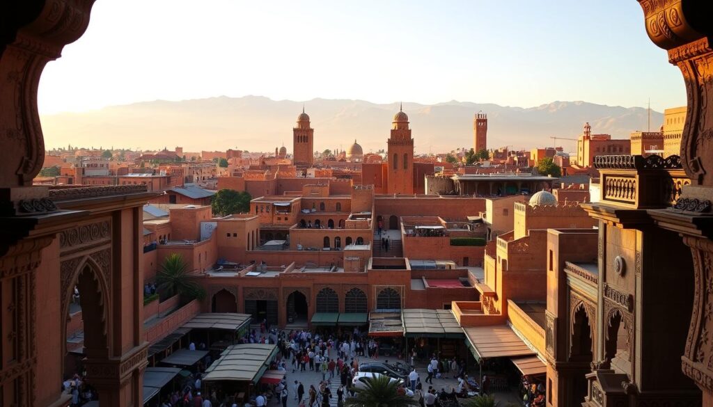 A grand view of Morocco's ancient imperial cities, bathed in warm, golden light. In the foreground, intricate, carved stone archways frame a bustling marketplace, filled with vibrant colors and the scent of spices. The middle ground features towering, ochre-hued buildings with ornate, geometric patterns, their rooftops adorned with domed minarets. In the background, the majestic Atlas Mountains rise, their snow-capped peaks casting long shadows across the scene. The overall mood is one of timeless elegance and cultural richness. MyVisitMorocco. A grand view of Morocco's ancient imperial cities, bathed in warm, golden light. In the foreground, intricate, carved stone archways frame a bustling marketplace, filled with vibrant colors and the scent of spices. The middle ground features towering, ochre-hued buildings with ornate, geometric patterns, their rooftops adorned with domed minarets. In the background, the majestic Atlas Mountains rise, their snow-capped peaks casting long shadows across the scene. The overall mood is one of timeless elegance and cultural richness. MyVisitMorocco.