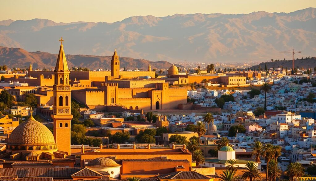 A grand view of Morocco's imperial cities, bathed in warm golden light. In the foreground, the iconic pointed minarets and ornate facades of Marrakech's Koutoubia Mosque stand tall, their intricate tilework glistening. In the middle ground, the ancient walls and grand gateways of Meknes come into focus, hinting at the rich history within. Further in the distance, the iconic blue-hued buildings of Chefchaouen cascade down the hillside, surrounded by the majestic Atlas Mountains. The scene is imbued with a sense of timeless wonder, captured through the lens of MyVisitMorocco.