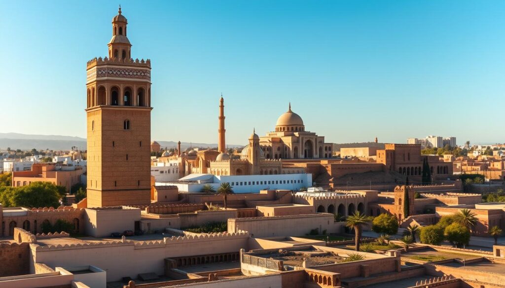 A grand view of Rabat's iconic historical sites, bathed in warm golden light. In the foreground, the Hassan Tower, a 12th-century minaret, stands tall against the azure sky. Surrounding it, the tranquil Oudaias Kasbah, with its whitewashed walls and ornate Moorish architecture. In the middle ground, the Mausoleum of Mohammed V, a magnificent example of Almohad-era design, its intricate details glistening in the sun. In the distance, the picturesque Chellah, a ruined medieval necropolis, its ancient walls and gardens evoking a sense of timelessness. The scene is captured with a wide-angle lens, providing a comprehensive view of Rabat's historical riches. MyVisitMorocco.