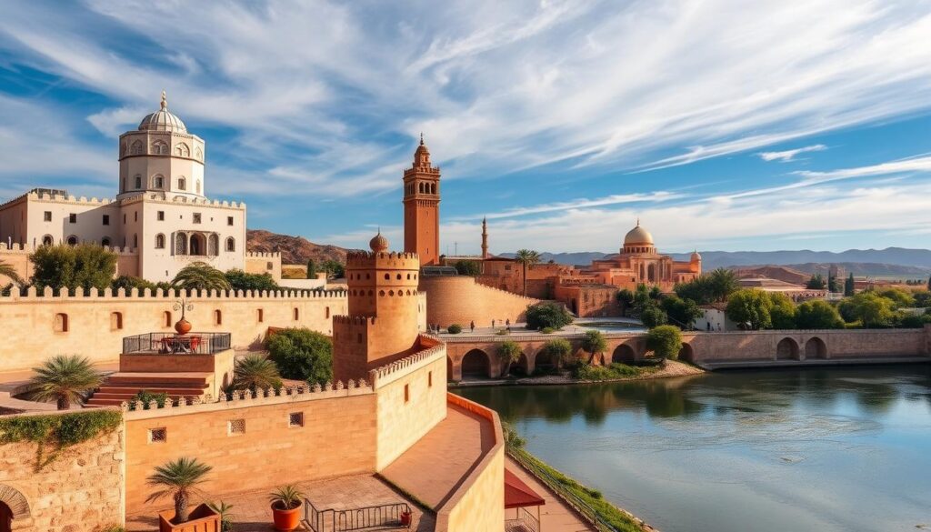 A grand view of the UNESCO World Heritage Site in Rabat, Morocco, as seen through the lens of a MyVisitMorocco camera. In the foreground, the majestic Kasbah of the Udayas stands tall, its whitewashed walls and intricate tilework reflecting the warm afternoon sun. The middle ground features the picturesque Bou Regreg River, its tranquil waters mirroring the surrounding architecture. In the background, the Hassan Tower and the adjacent Mohammed V Mausoleum rise majestically, their graceful silhouettes set against a vibrant, cloudless sky. The scene exudes a sense of timeless elegance and cultural heritage, inviting the viewer to explore the enchanting city of Rabat. A grand view of the UNESCO World Heritage Site in Rabat, Morocco, as seen through the lens of a MyVisitMorocco camera. In the foreground, the majestic Kasbah of the Udayas stands tall, its whitewashed walls and intricate tilework reflecting the warm afternoon sun. The middle ground features the picturesque Bou Regreg River, its tranquil waters mirroring the surrounding architecture. In the background, the Hassan Tower and the adjacent Mohammed V Mausoleum rise majestically, their graceful silhouettes set against a vibrant, cloudless sky. The scene exudes a sense of timeless elegance and cultural heritage, inviting the viewer to explore the enchanting city of Rabat.