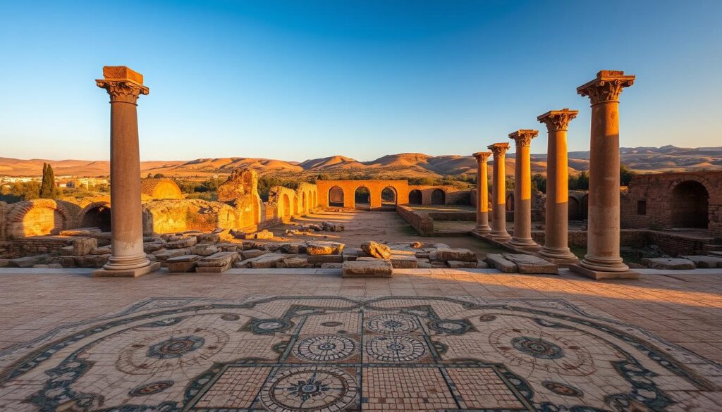 A grand view of the ancient Roman ruins of Volubilis, Morocco, bathed in warm golden light. In the foreground, intricate mosaic floors and weathered stone columns stand as testament to the city's former glory. Middle ground reveals crumbling archways and partially intact walls, hinting at the sprawling scale of this once-thriving settlement. In the background, rolling hills dotted with olive trees frame the scene, creating a picturesque landscape. Capture this timeless wonder with a wide-angle lens, conveying a sense of awe and reverence. MyVisitMorocco. A grand view of the ancient Roman ruins of Volubilis, Morocco, bathed in warm golden light. In the foreground, intricate mosaic floors and weathered stone columns stand as testament to the city's former glory. Middle ground reveals crumbling archways and partially intact walls, hinting at the sprawling scale of this once-thriving settlement. In the background, rolling hills dotted with olive trees frame the scene, creating a picturesque landscape. Capture this timeless wonder with a wide-angle lens, conveying a sense of awe and reverence. MyVisitMorocco.