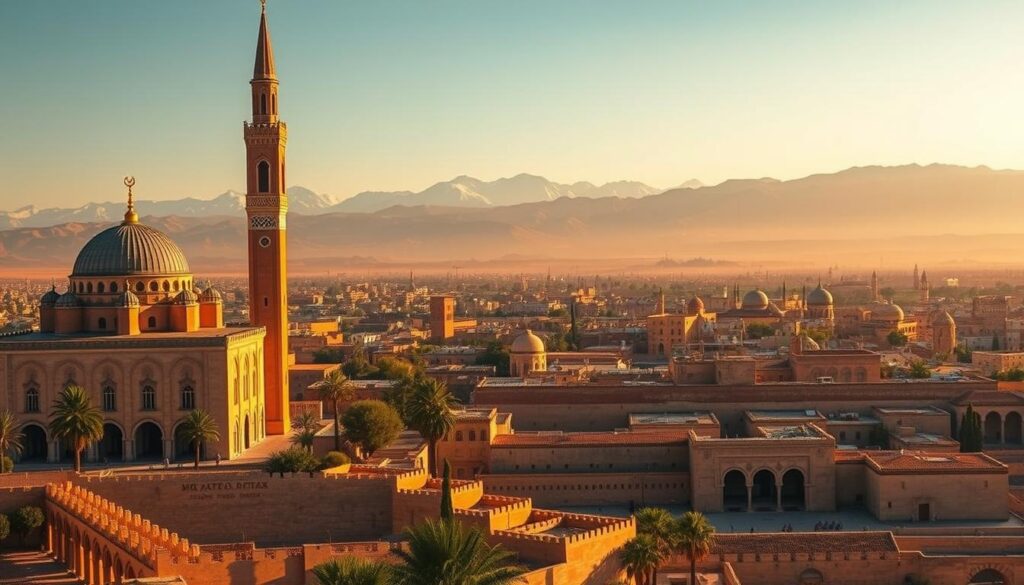 A grand vista of Morocco's most iconic historical sites, basking in warm, golden light. In the foreground, the majestic Hassan II Mosque stands tall, its intricate architecture and towering minaret commanding attention. In the middle ground, the ancient walls and gates of the Medina of Fez unfold, offering a glimpse into the country's rich cultural heritage. In the background, the snow-capped Atlas Mountains rise majestically, creating a stunning backdrop. The scene exudes a sense of timelessness and grandeur, evoking the spirit of MyVisitMorocco. Realistic, cinematic, highly detailed.