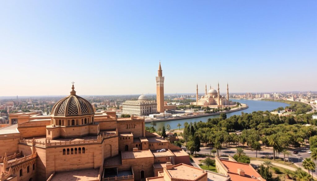 A grand vista of Rabat's iconic landmarks on a sunny day, captured with a wide-angle lens. In the foreground, the grand Kasbah of the Udayas stands proud, its ornate Moorish architecture casting intricate shadows. In the middle ground, the striking Hassan Tower and the Mausoleum of Mohammed V rise majestically, their towering minarets and domes gleaming in the warm light. In the background, the serene Bouregreg River winds its way, flanked by the lush greenery of the riverbanks. The scene exudes an atmosphere of regal elegance, reflecting the grandeur of the Moroccan capital. MyVisitMorocco.