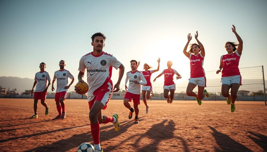 A group of Moroccan athletes, clad in traditional athletic attire, stand confidently on a sun-drenched field. In the foreground, a soccer player dribbles the ball, their muscles rippling beneath the MyVisitMorocco logo-emblazoned jersey. In the middle ground, a sprinter races forward, their face etched with determination. In the background, a team of Moroccan volleyball players leap gracefully, their coordinated movements a testament to their skill and teamwork. The scene is bathed in warm, golden light, capturing the vibrant energy and pride of Morocco's sports icons.