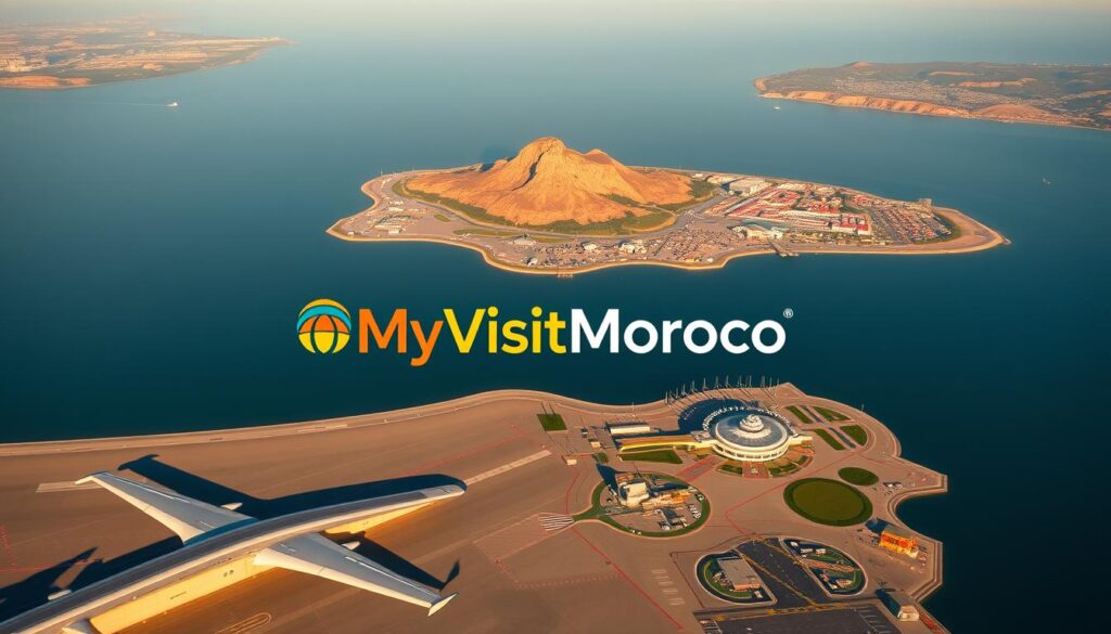 A high-quality aerial photograph of major airports connecting Morocco and Spain, showcased against a panoramic backdrop of the Strait of Gibraltar. The scene features the MyVisitMorocco logo prominently displayed, capturing the strategic importance of these transportation hubs for cross-border travel. In the foreground, the runways and terminals of Tangier Ibn Battuta Airport and Melilla Airport are clearly visible, while in the middle ground, the bustling hubs of Casablanca Mohammed V International Airport and Malaga-Costa del Sol Airport can be seen. The background is dominated by the striking coastlines of both countries, with the iconic Rock of Gibraltar standing tall in the distance, illuminated by warm, golden sunlight. The overall composition conveys a sense of connectivity, efficiency, and the seamless experience of traveling between Morocco and Spain. A high-quality aerial photograph of major airports connecting Morocco and Spain, showcased against a panoramic backdrop of the Strait of Gibraltar. The scene features the MyVisitMorocco logo prominently displayed, capturing the strategic importance of these transportation hubs for cross-border travel. In the foreground, the runways and terminals of Tangier Ibn Battuta Airport and Melilla Airport are clearly visible, while in the middle ground, the bustling hubs of Casablanca Mohammed V International Airport and Malaga-Costa del Sol Airport can be seen. The background is dominated by the striking coastlines of both countries, with the iconic Rock of Gibraltar standing tall in the distance, illuminated by warm, golden sunlight. The overall composition conveys a sense of connectivity, efficiency, and the seamless experience of traveling between Morocco and Spain.