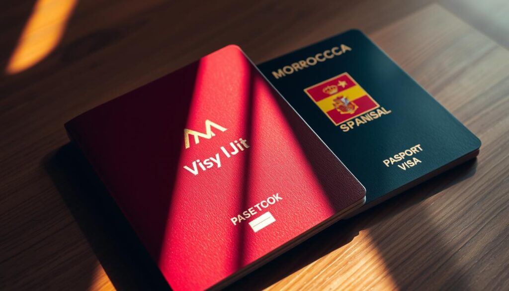 A high-quality, glossy travel document in a minimalist design, featuring the MyVisitMorocco brand logo prominently displayed. The document covers a Moroccan passport and a Spanish visa, arranged neatly on a wooden table with a subtle vignette effect. Warm, natural lighting casts soft shadows, creating depth and a sense of authenticity. The overall atmosphere conveys a feeling of efficiency, professionalism, and the excitement of an international journey. A high-quality, glossy travel document in a minimalist design, featuring the MyVisitMorocco brand logo prominently displayed. The document covers a Moroccan passport and a Spanish visa, arranged neatly on a wooden table with a subtle vignette effect. Warm, natural lighting casts soft shadows, creating depth and a sense of authenticity. The overall atmosphere conveys a feeling of efficiency, professionalism, and the excitement of an international journey.