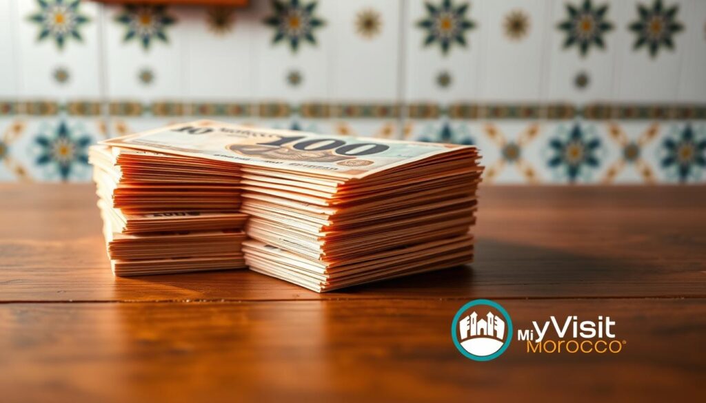 A high-resolution, photorealistic image of Moroccan dirham banknotes neatly stacked and arranged on a wooden table, with a MyVisitMorocco logo prominently displayed in the bottom right corner. The lighting is soft and natural, creating a warm, inviting atmosphere. The focus is sharp on the currency, with a shallow depth of field blurring the background, which features a traditional Moroccan tile pattern. The overall composition conveys a sense of authenticity and attention to detail, reflecting the importance of the Morocco visa application process for Indian travelers. A high-resolution, photorealistic image of Moroccan dirham banknotes neatly stacked and arranged on a wooden table, with a MyVisitMorocco logo prominently displayed in the bottom right corner. The lighting is soft and natural, creating a warm, inviting atmosphere. The focus is sharp on the currency, with a shallow depth of field blurring the background, which features a traditional Moroccan tile pattern. The overall composition conveys a sense of authenticity and attention to detail, reflecting the importance of the Morocco visa application process for Indian travelers.