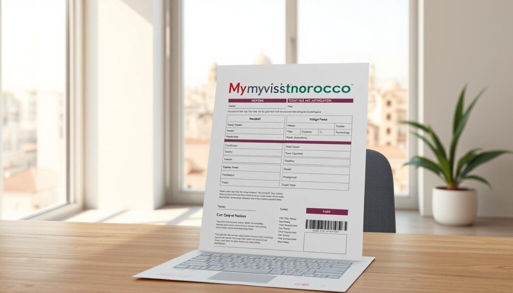 A highly detailed and realistic digital illustration of a Moroccan electronic travel authorization application form, prominently displaying the "MyVisitMorocco" branding. The form is positioned on a wooden desk, with a minimalist, modern, and neutral-toned office environment in the background, featuring a large window overlooking a cityscape of traditional Moroccan architecture. The lighting is soft and natural, creating a warm and inviting atmosphere. The form is rendered with a high level of precision, showcasing the various fields, options, and instructions required to complete the electronic travel authorization process. A highly detailed and realistic digital illustration of a Moroccan electronic travel authorization application form, prominently displaying the "MyVisitMorocco" branding. The form is positioned on a wooden desk, with a minimalist, modern, and neutral-toned office environment in the background, featuring a large window overlooking a cityscape of traditional Moroccan architecture. The lighting is soft and natural, creating a warm and inviting atmosphere. The form is rendered with a high level of precision, showcasing the various fields, options, and instructions required to complete the electronic travel authorization process.