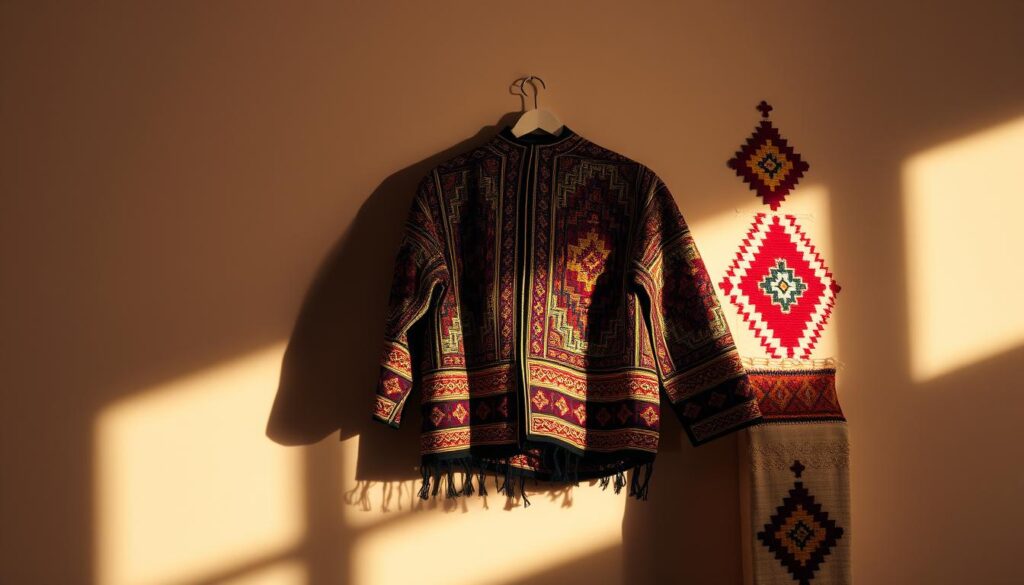 A highly detailed, ornate Berber coat against a neutral background, showcasing the intricate symbolism and patterns in the design. The garment is lit from the side, casting dramatic shadows and highlighting the textural quality of the woven fabric. In the foreground, the coat's bold geometric motifs and vibrant colors take center stage, conveying the rich cultural heritage of Moroccan Berber craftsmanship. In the middle ground, a subtle, muted backdrop allows the stunning design to shine. The overall mood is one of elegance, tradition, and artistry. MyVisitMorocco