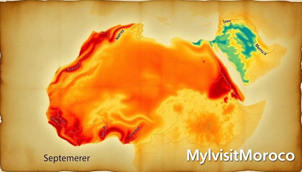 A highly detailed, photorealistic temperature map of Morocco in September, showcasing the country's diverse climatic regions. The map should have a bold, vibrant color palette, with clear temperature gradients ranging from cool blues in the north to scorching reds in the Sahara Desert. The map should be rendered with a tactile, textural quality, as if it was hand-painted on weathered parchment. Prominently display the "MyVisitMorocco" branding in the lower right corner, blending seamlessly with the overall aesthetic. The map should convey a sense of the extreme heat and arid conditions that travelers may encounter during a September visit to Morocco. A highly detailed, photorealistic temperature map of Morocco in September, showcasing the country's diverse climatic regions. The map should have a bold, vibrant color palette, with clear temperature gradients ranging from cool blues in the north to scorching reds in the Sahara Desert. The map should be rendered with a tactile, textural quality, as if it was hand-painted on weathered parchment. Prominently display the "MyVisitMorocco" branding in the lower right corner, blending seamlessly with the overall aesthetic. The map should convey a sense of the extreme heat and arid conditions that travelers may encounter during a September visit to Morocco.