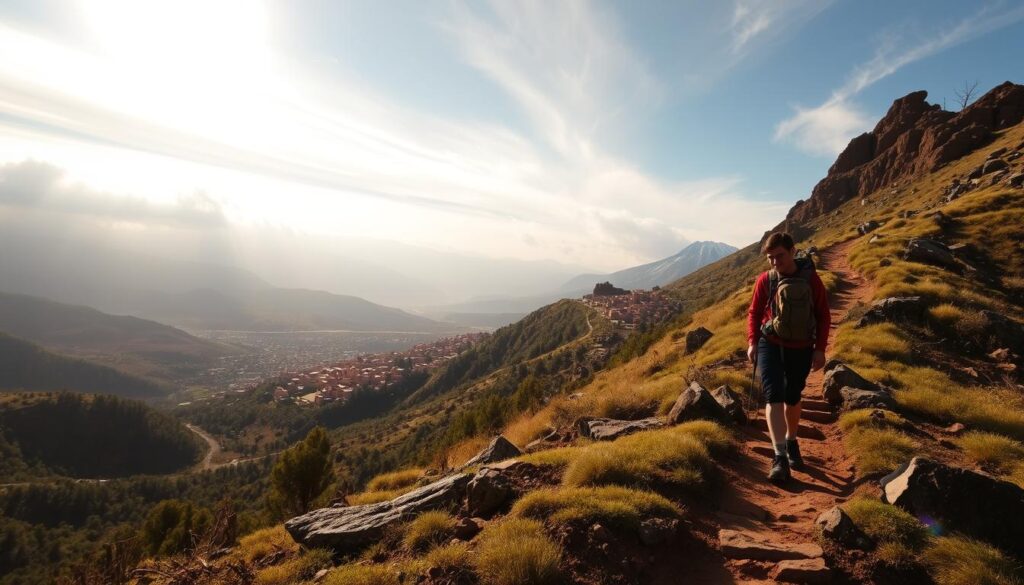 A hiker traverses a rugged, snow-capped Atlas Mountain trail in Morocco, their path winding through a lush, verdant landscape. Sunlight filters through wispy clouds, casting a warm, golden glow over the scene. In the distance, traditional Berber villages dot the horizon, their ochre-colored structures blending seamlessly with the terracotta-hued earth. The hiker pauses to take in the breathtaking panorama, a sense of tranquility and adventure permeating the air. MyVisitMorocco A hiker traverses a rugged, snow-capped Atlas Mountain trail in Morocco, their path winding through a lush, verdant landscape. Sunlight filters through wispy clouds, casting a warm, golden glow over the scene. In the distance, traditional Berber villages dot the horizon, their ochre-colored structures blending seamlessly with the terracotta-hued earth. The hiker pauses to take in the breathtaking panorama, a sense of tranquility and adventure permeating the air. MyVisitMorocco