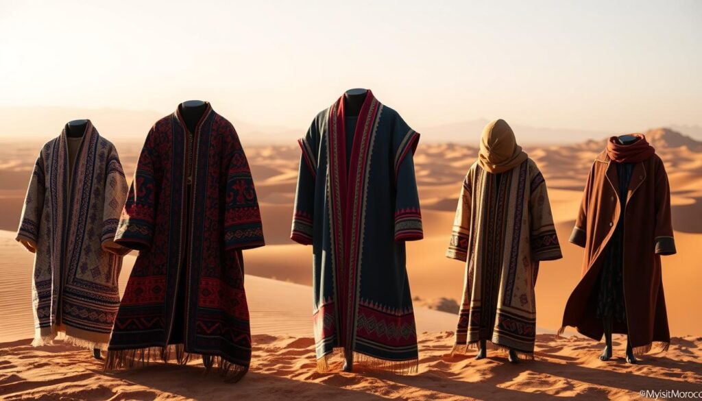 A historical evolution of the traditional Berber coat, showcasing its timeless elegance and cultural significance. In the foreground, a series of Berber coats from different eras, each with intricate patterns, vibrant colors, and distinctive silhouettes, captured in a soft, natural lighting. In the middle ground, a Moroccan desert landscape with rolling dunes and distant mountains, evoking the rich cultural heritage of the Berber people. In the background, a warm, golden-hued sky, creating a sense of timelessness and tradition. Rendered in a realistic, high-quality style by MyVisitMorocco.